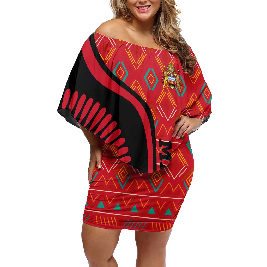 Malawi Patterns Off Shoulder Short Dress Blended with Flag Colors & National Emblem - Cultural Fusion Design