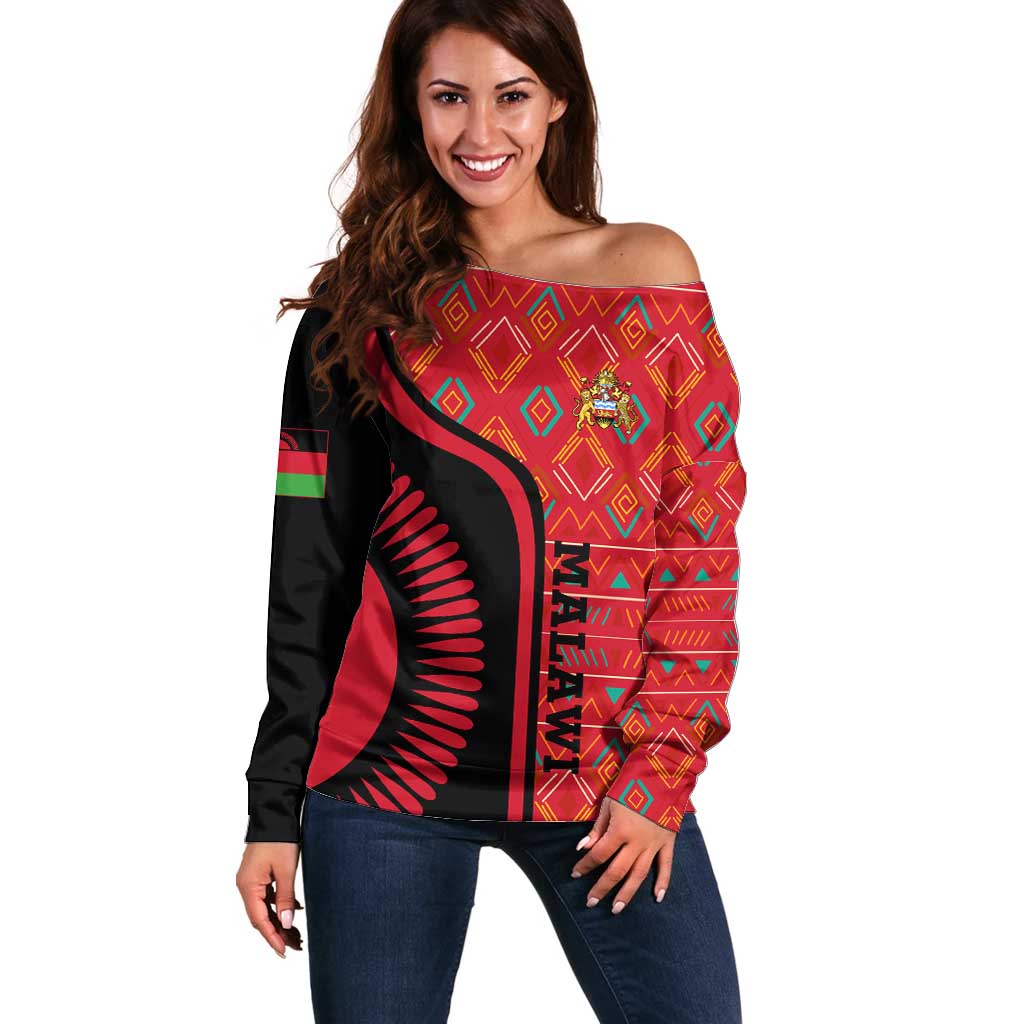 Malawi Patterns Off Shoulder Sweater Blended with Flag Colors & National Emblem - Cultural Fusion Design