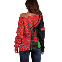 Malawi Patterns Off Shoulder Sweater Blended with Flag Colors & National Emblem - Cultural Fusion Design