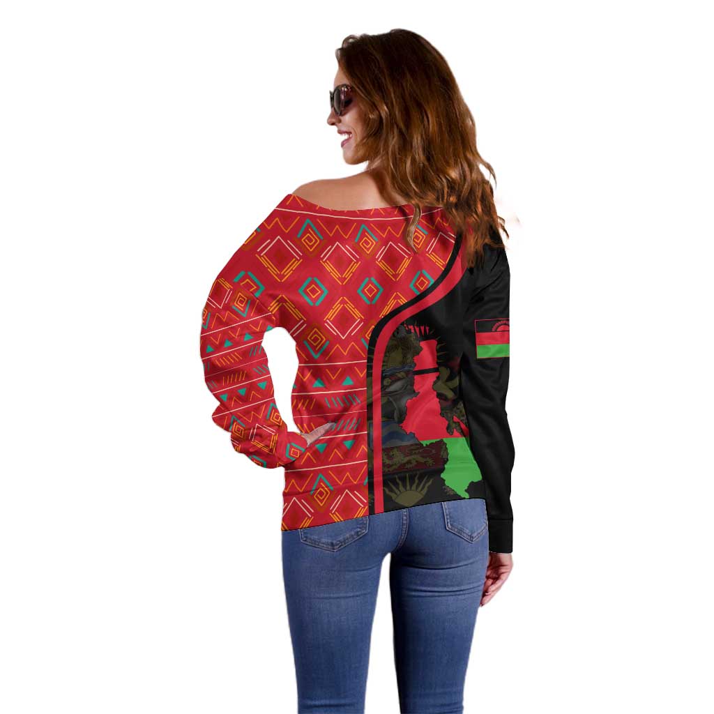 Malawi Patterns Off Shoulder Sweater Blended with Flag Colors & National Emblem - Cultural Fusion Design