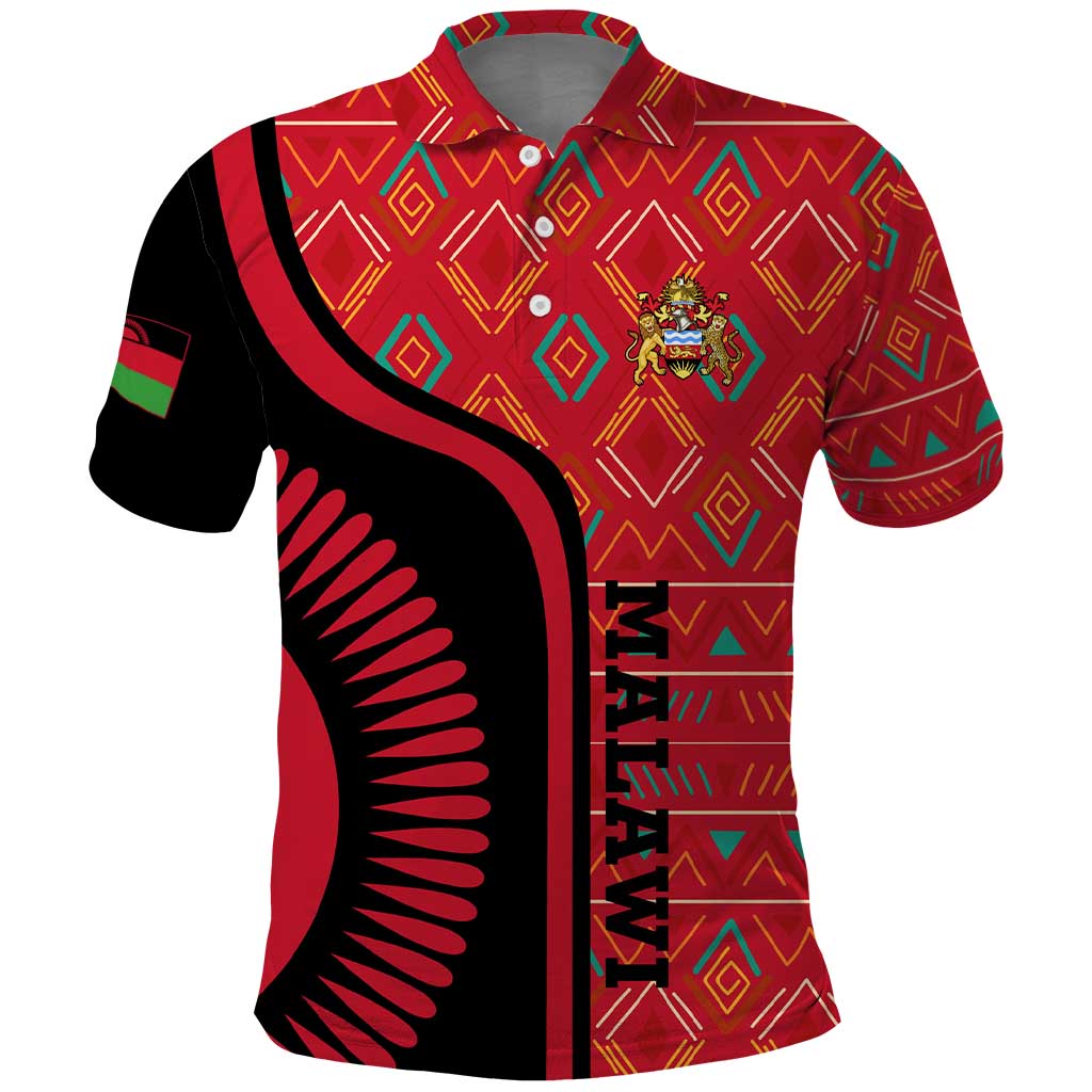Malawi Patterns Polo Shirt Blended with Flag Colors & National Emblem - Cultural Fusion Design