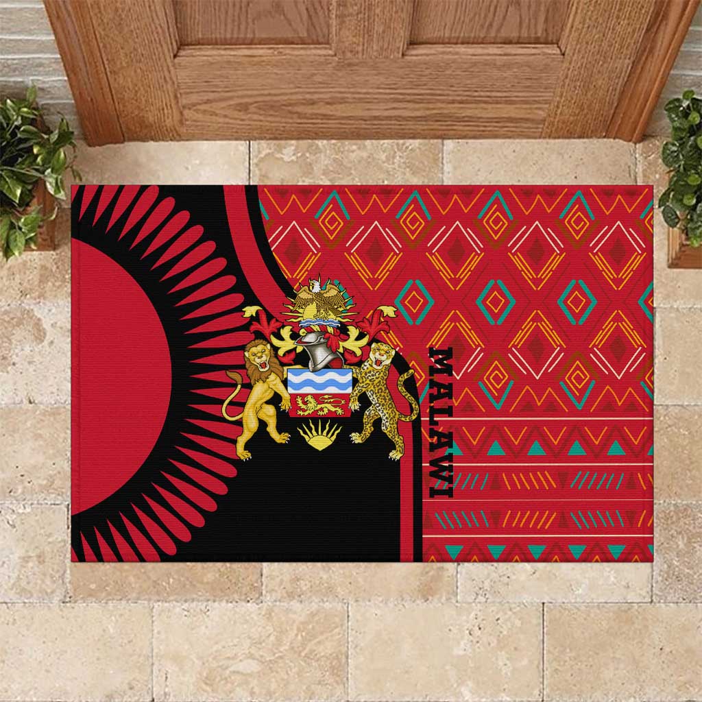 Malawi Patterns Rubber Doormat Blended with Flag Colors & National Emblem - Cultural Fusion Design