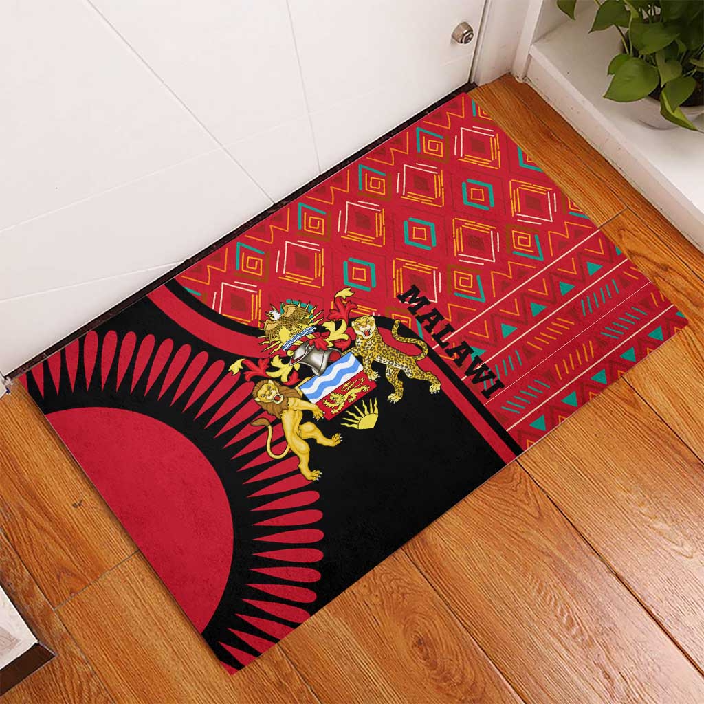 Malawi Patterns Rubber Doormat Blended with Flag Colors & National Emblem - Cultural Fusion Design