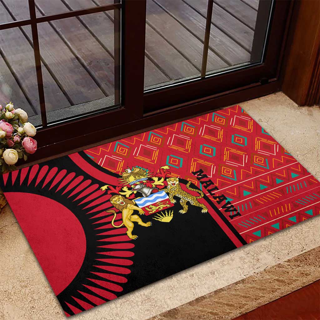 Malawi Patterns Rubber Doormat Blended with Flag Colors & National Emblem - Cultural Fusion Design