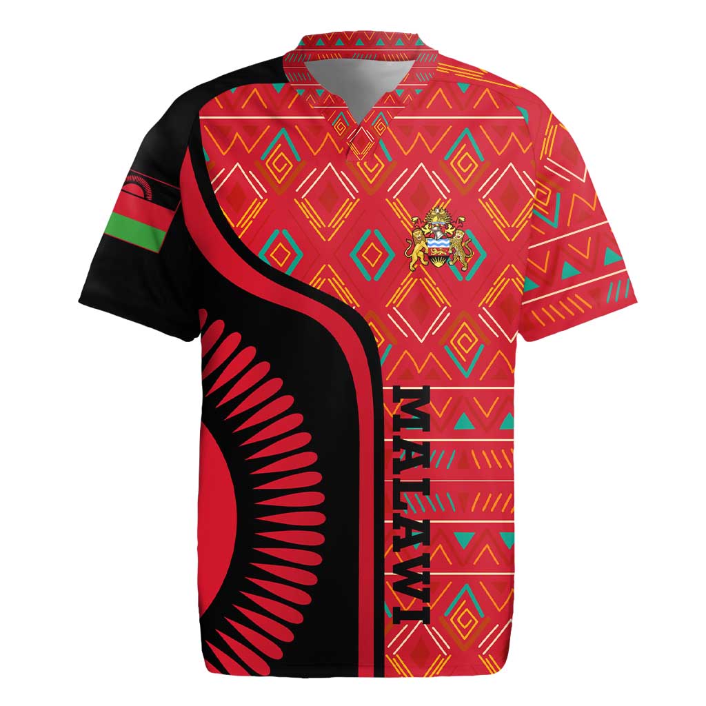 Malawi Patterns Rugby Jersey Blended with Flag Colors & National Emblem - Cultural Fusion Design
