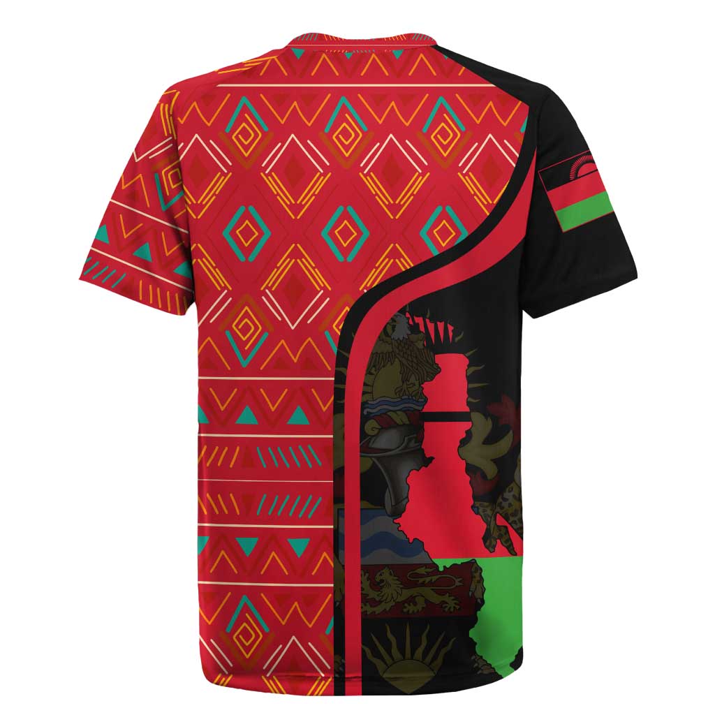 Malawi Patterns Rugby Jersey Blended with Flag Colors & National Emblem - Cultural Fusion Design