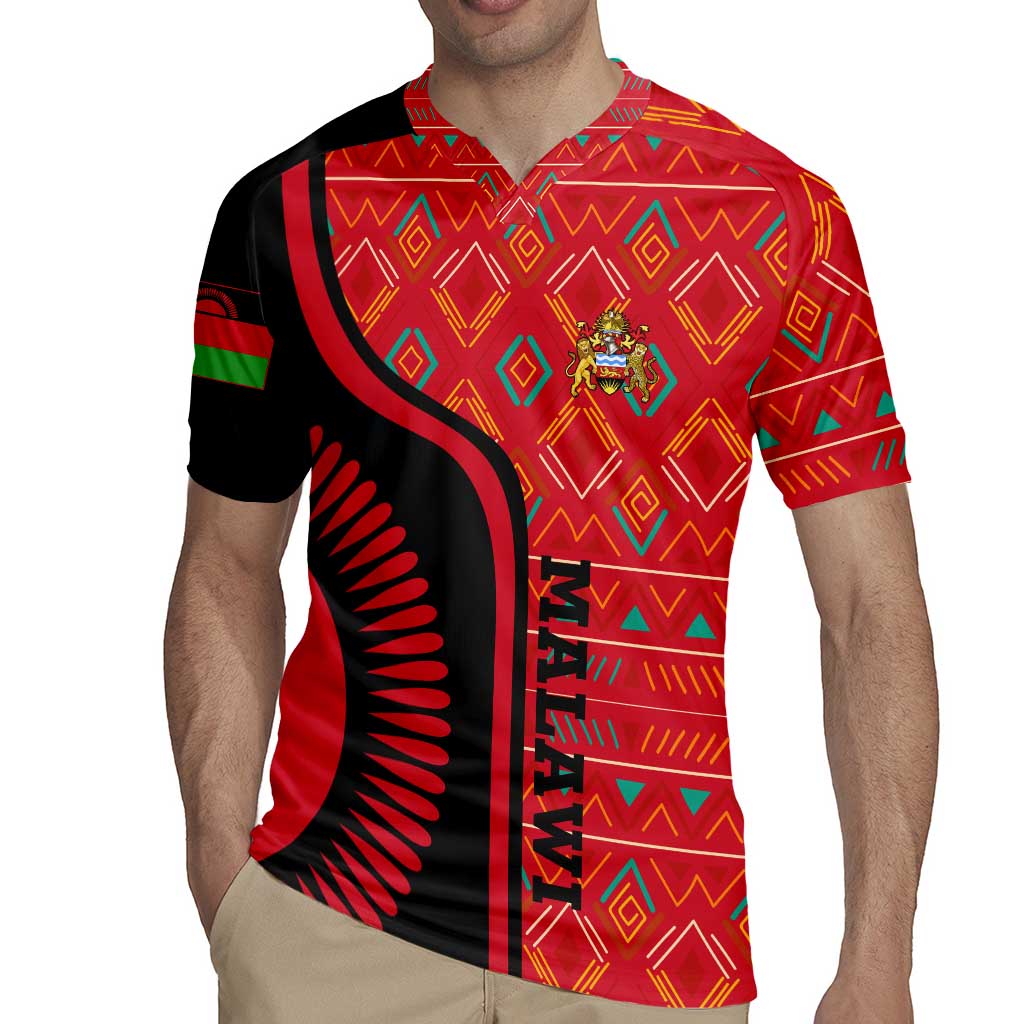Malawi Patterns Rugby Jersey Blended with Flag Colors & National Emblem - Cultural Fusion Design