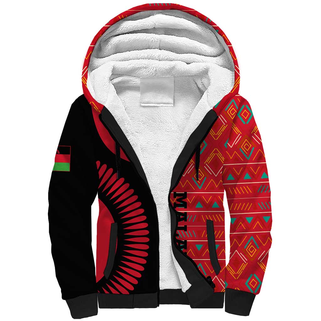 Malawi Patterns Sherpa Hoodie Blended with Flag Colors & National Emblem - Cultural Fusion Design