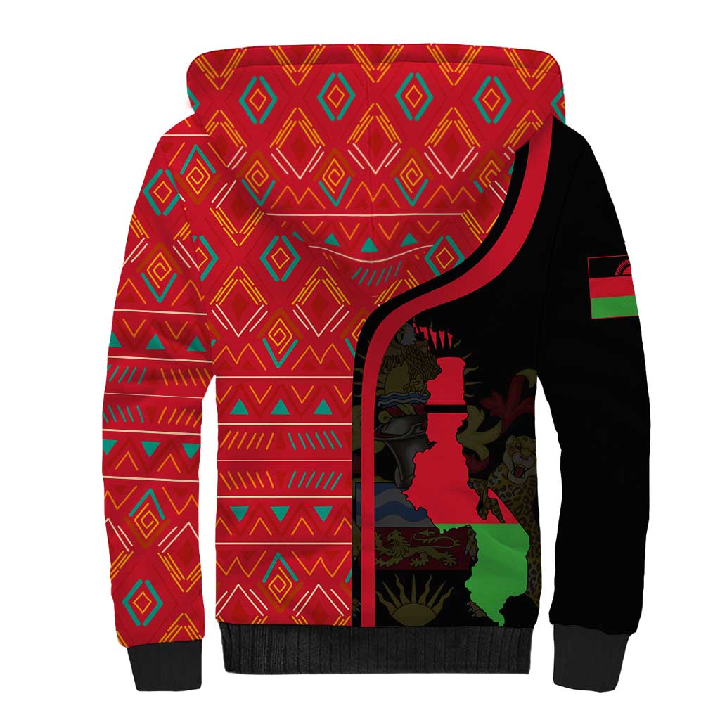 Malawi Patterns Sherpa Hoodie Blended with Flag Colors & National Emblem - Cultural Fusion Design