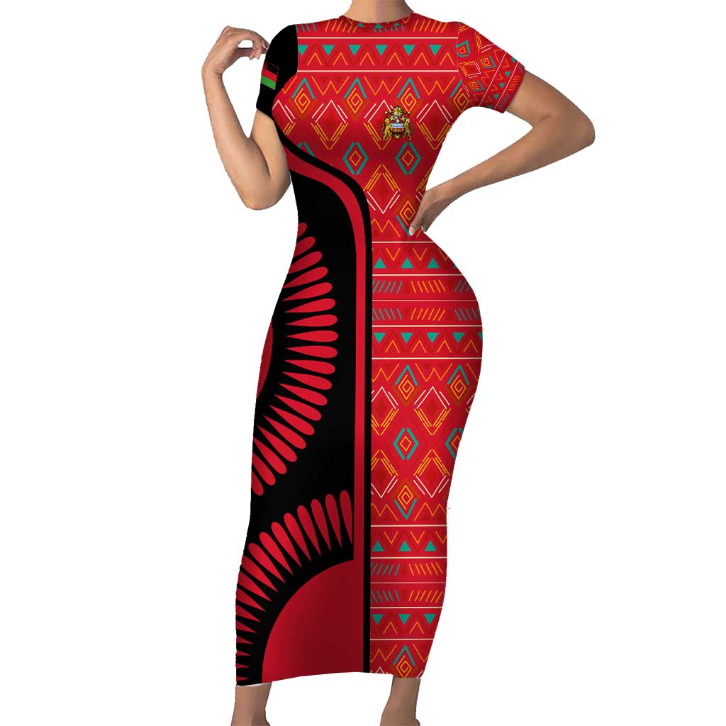 Malawi Patterns Short Sleeve Bodycon Dress Blended with Flag Colors & National Emblem - Cultural Fusion Design