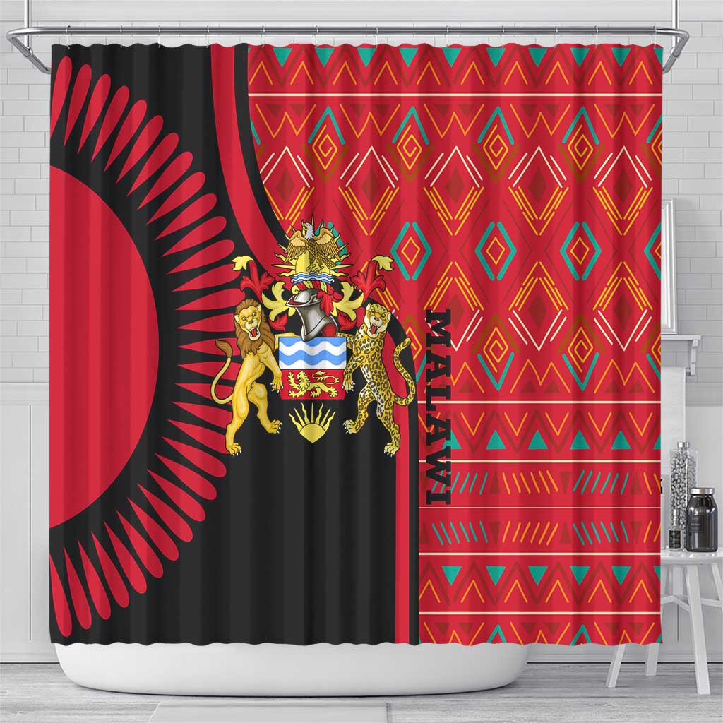 Malawi Patterns Shower Curtain Blended with Flag Colors & National Emblem - Cultural Fusion Design