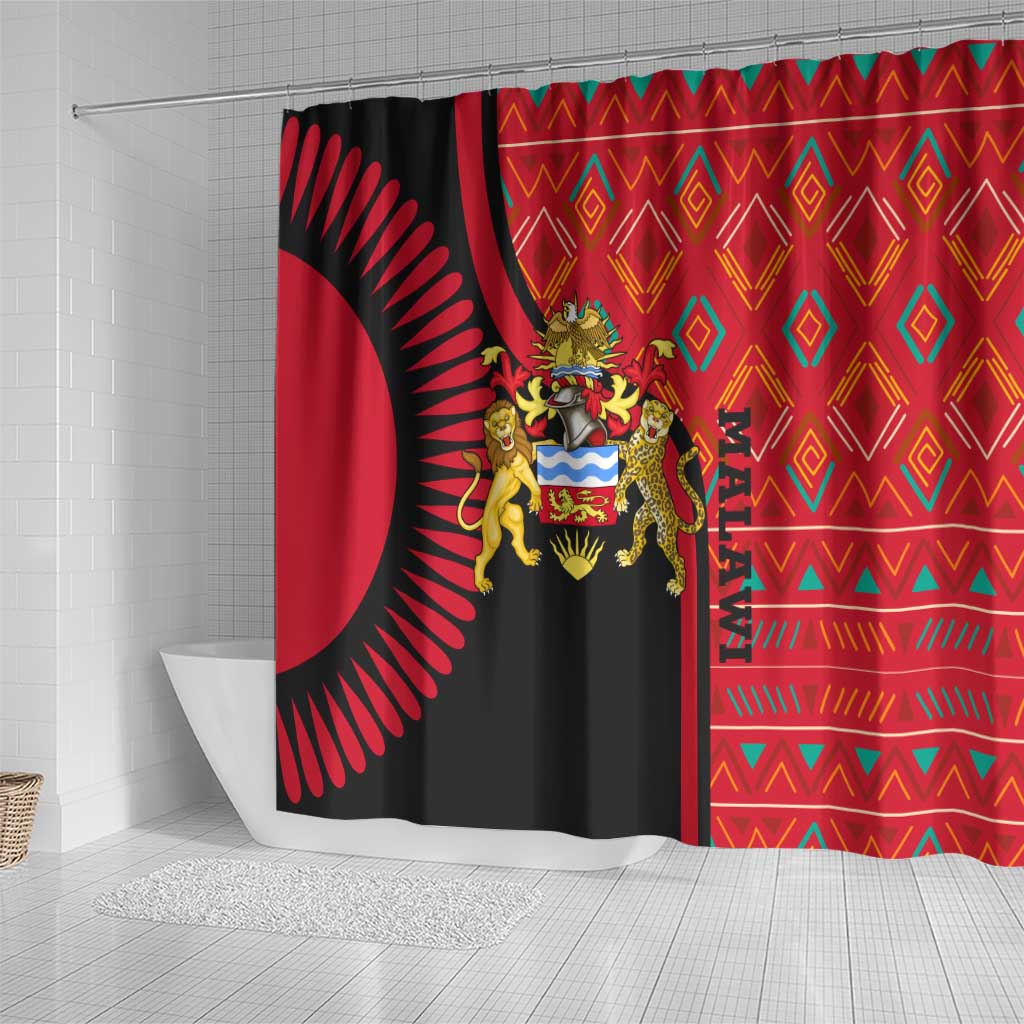 Malawi Patterns Shower Curtain Blended with Flag Colors & National Emblem - Cultural Fusion Design
