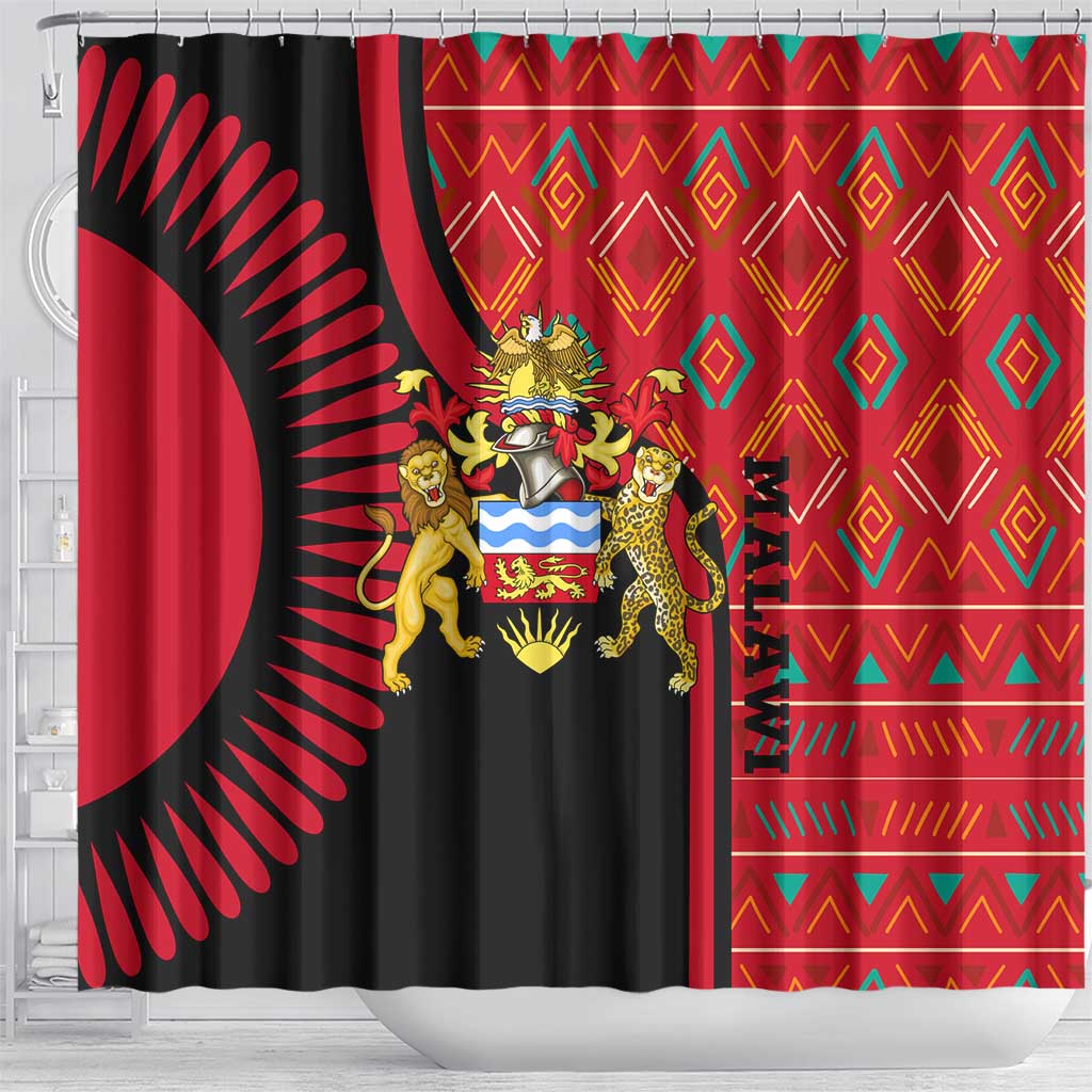 Malawi Patterns Shower Curtain Blended with Flag Colors & National Emblem - Cultural Fusion Design