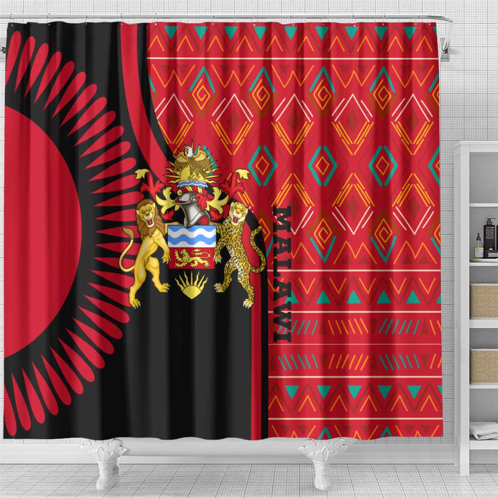 Malawi Patterns Shower Curtain Blended with Flag Colors & National Emblem - Cultural Fusion Design