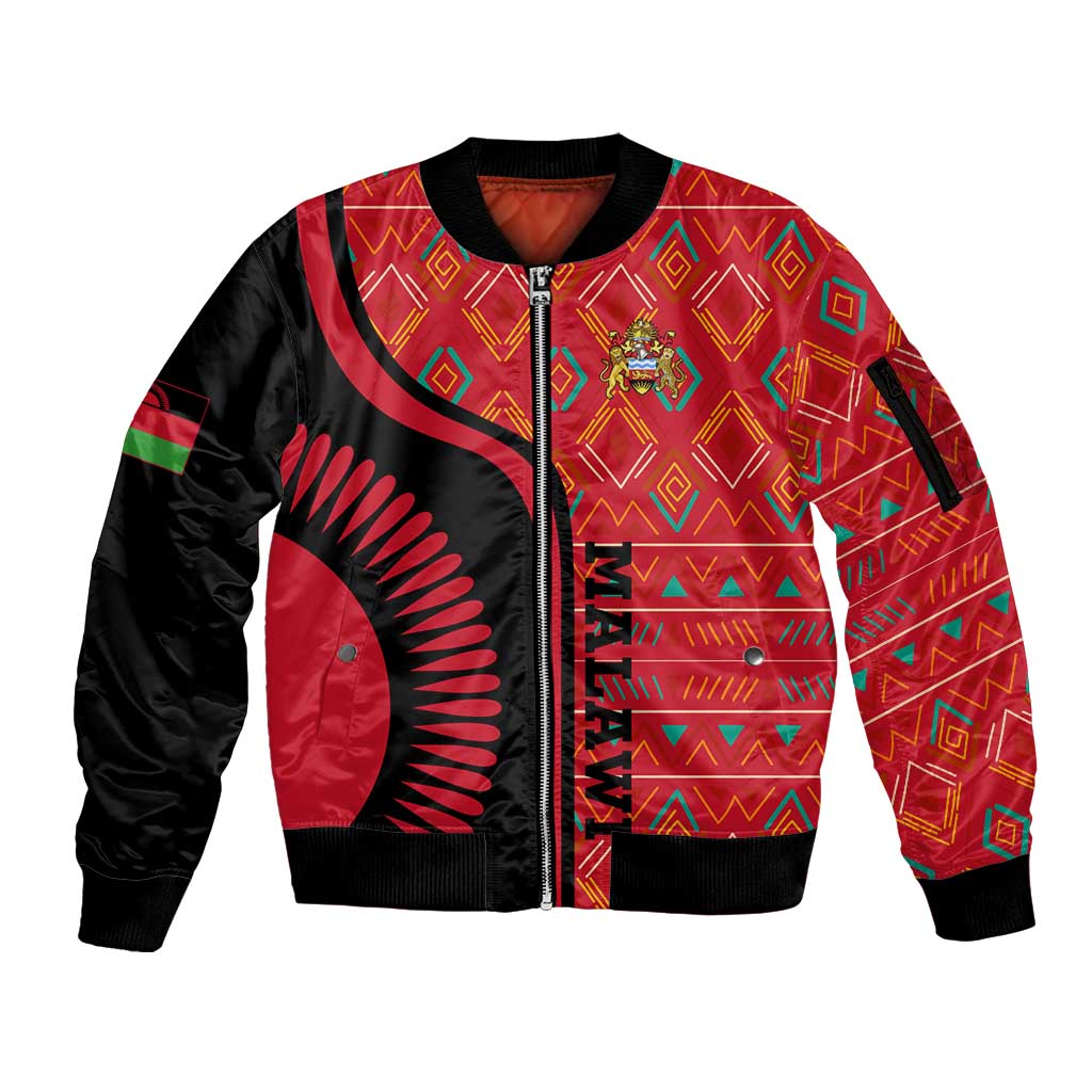 Malawi Patterns Sleeve Zip Bomber Jacket Blended with Flag Colors & National Emblem - Cultural Fusion Design