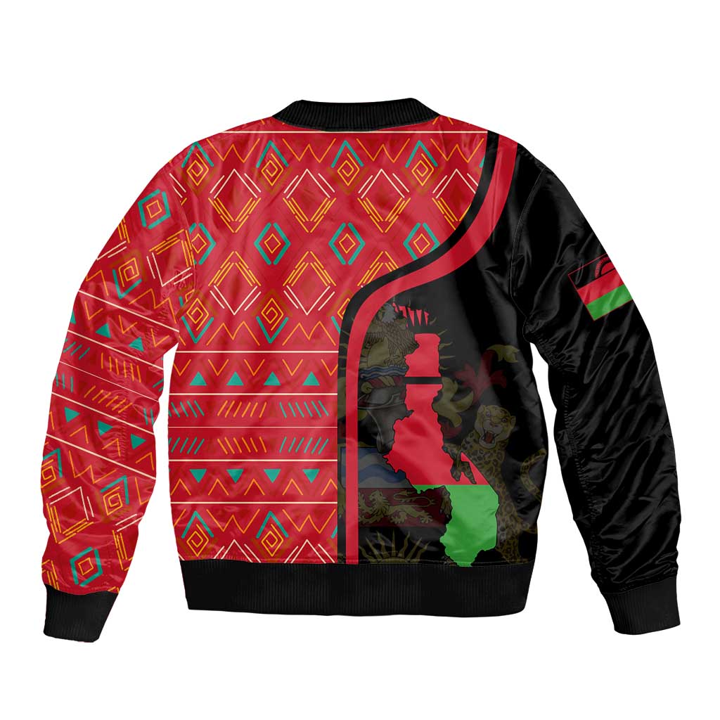 Malawi Patterns Sleeve Zip Bomber Jacket Blended with Flag Colors & National Emblem - Cultural Fusion Design