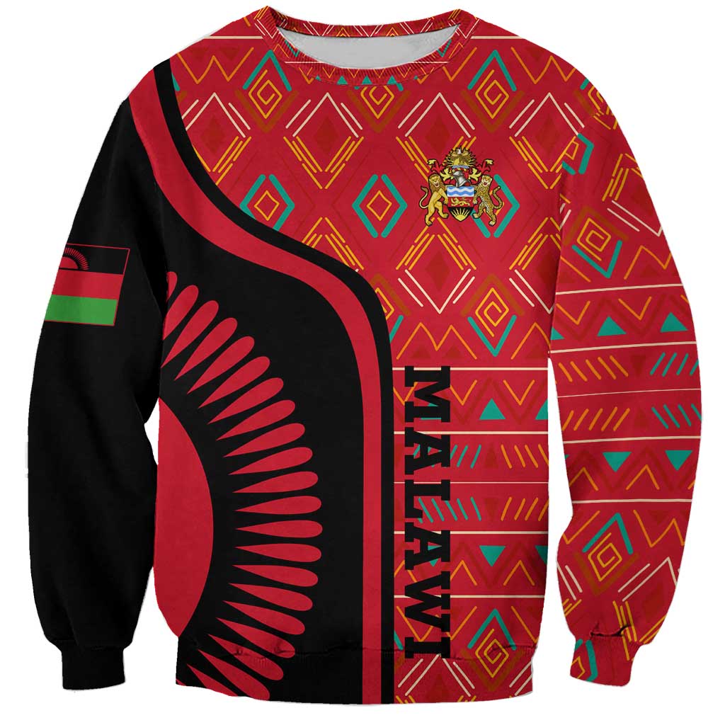 Malawi Patterns Sweatshirt Blended with Flag Colors & National Emblem - Cultural Fusion Design
