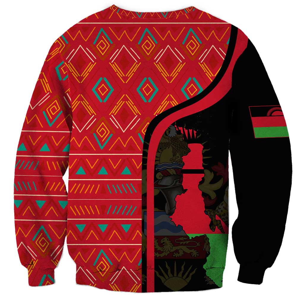 Malawi Patterns Sweatshirt Blended with Flag Colors & National Emblem - Cultural Fusion Design