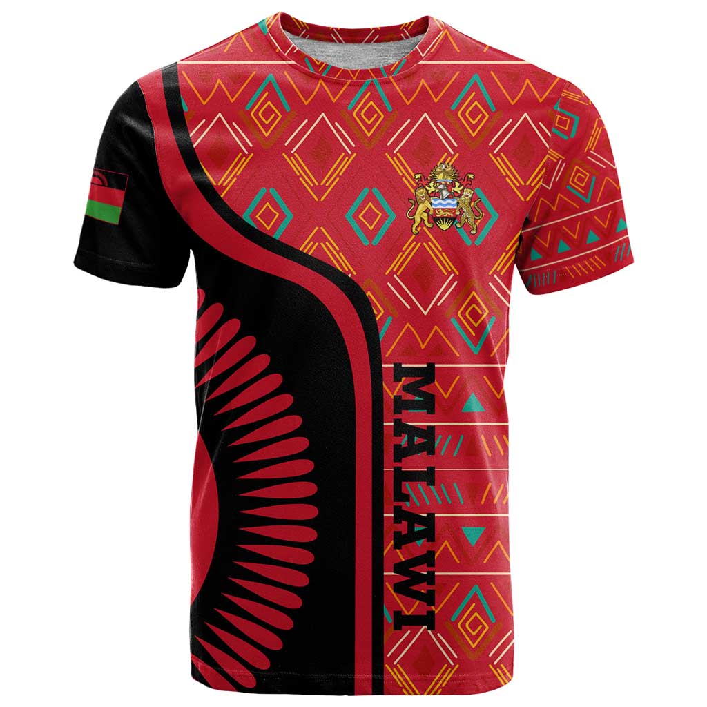 Malawi Patterns T Shirt Blended with Flag Colors & National Emblem - Cultural Fusion Design