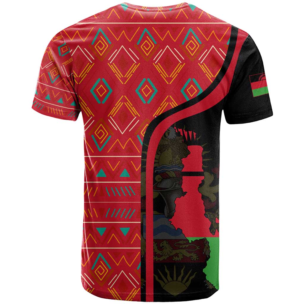 Malawi Patterns T Shirt Blended with Flag Colors & National Emblem - Cultural Fusion Design