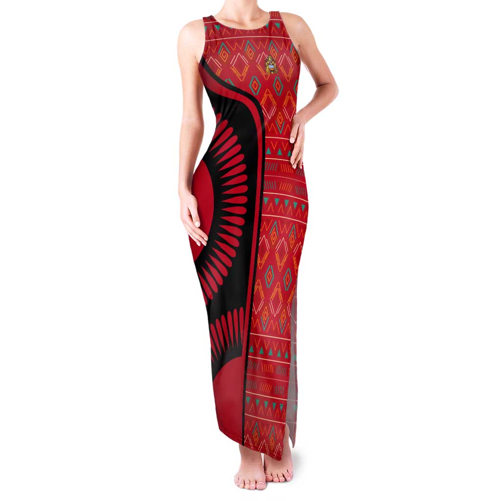 Malawi Patterns Tank Maxi Dress Blended with Flag Colors & National Emblem - Cultural Fusion Design