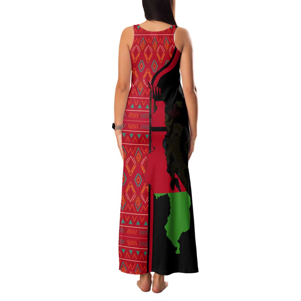 Malawi Patterns Tank Maxi Dress Blended with Flag Colors & National Emblem - Cultural Fusion Design