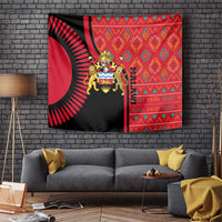 Malawi Patterns Tapestry Blended with Flag Colors & National Emblem - Cultural Fusion Design