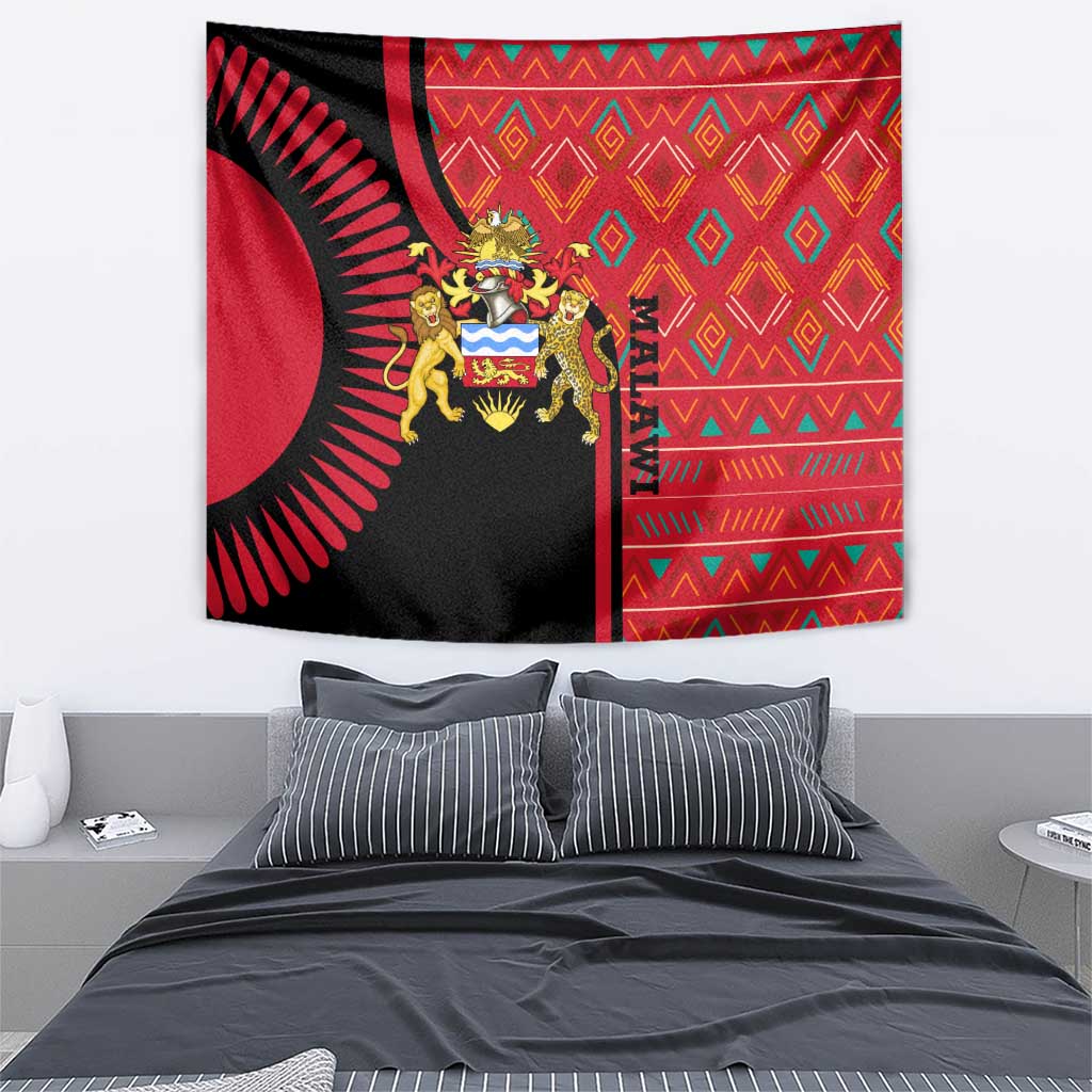 Malawi Patterns Tapestry Blended with Flag Colors & National Emblem - Cultural Fusion Design