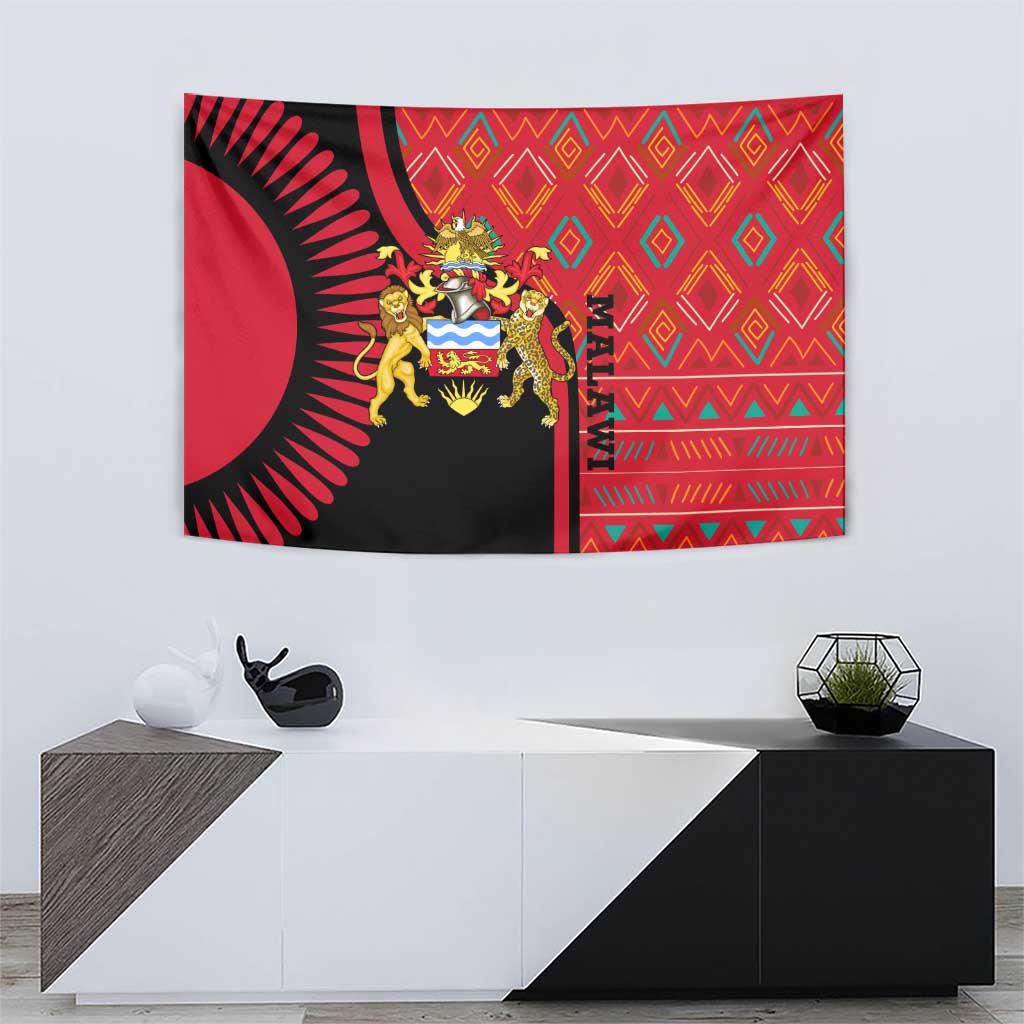 Malawi Patterns Tapestry Blended with Flag Colors & National Emblem - Cultural Fusion Design