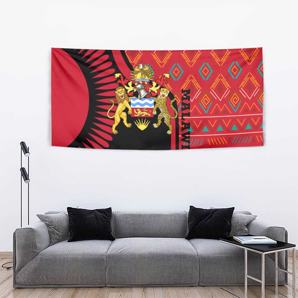 Malawi Patterns Tapestry Blended with Flag Colors & National Emblem - Cultural Fusion Design
