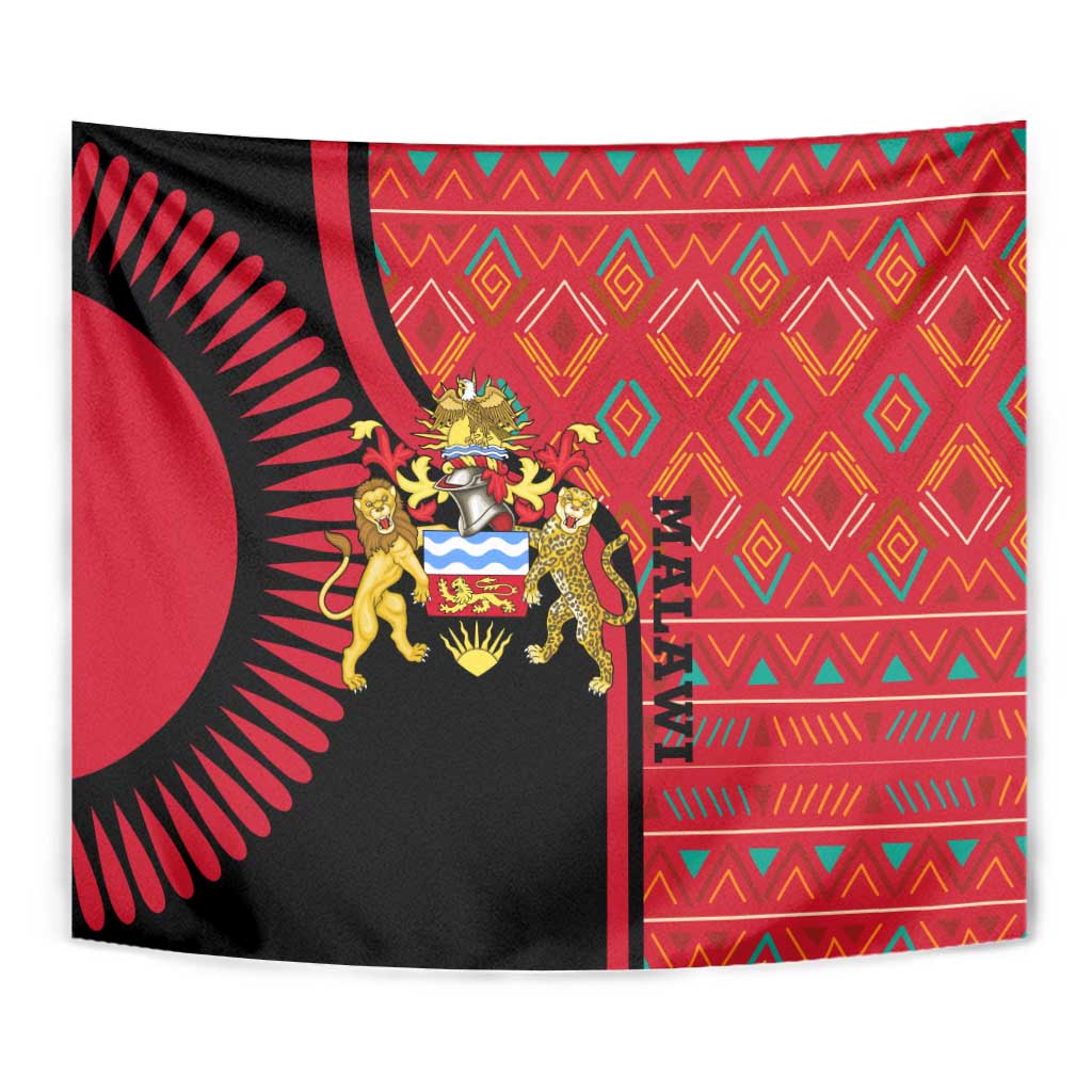 Malawi Patterns Tapestry Blended with Flag Colors & National Emblem - Cultural Fusion Design