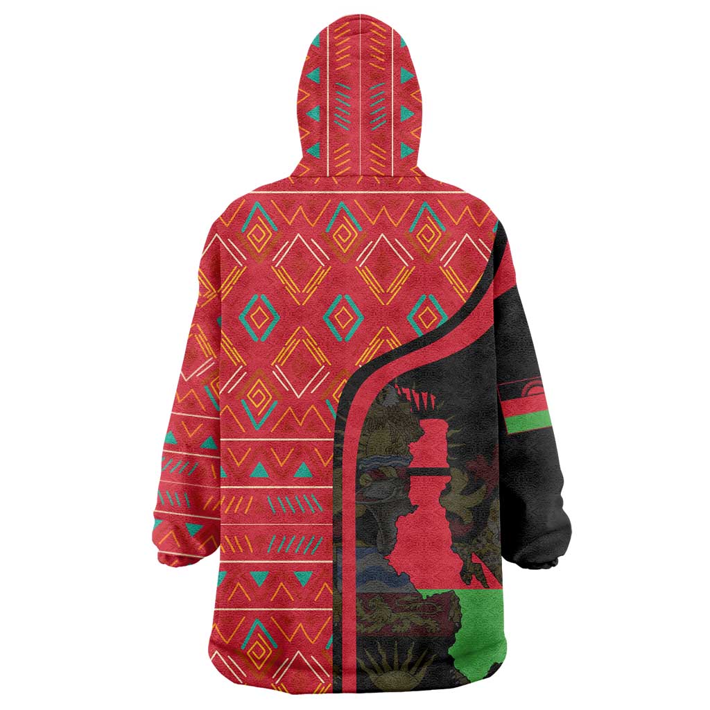 Malawi Patterns Wearable Blanket Hoodie Blended with Flag Colors & National Emblem - Cultural Fusion Design