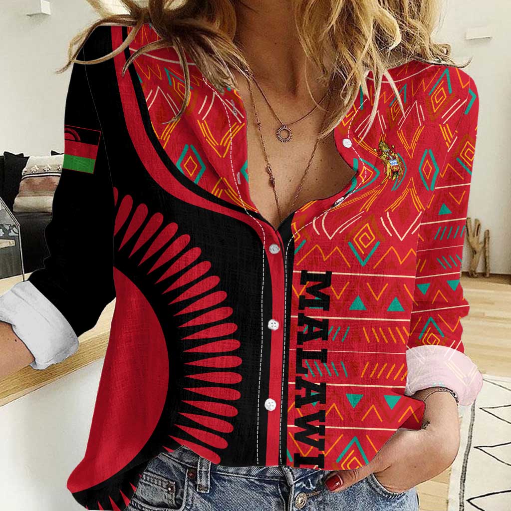 Malawi Patterns Women Casual Shirt Blended with Flag Colors & National Emblem - Cultural Fusion Design