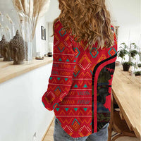 Malawi Patterns Women Casual Shirt Blended with Flag Colors & National Emblem - Cultural Fusion Design