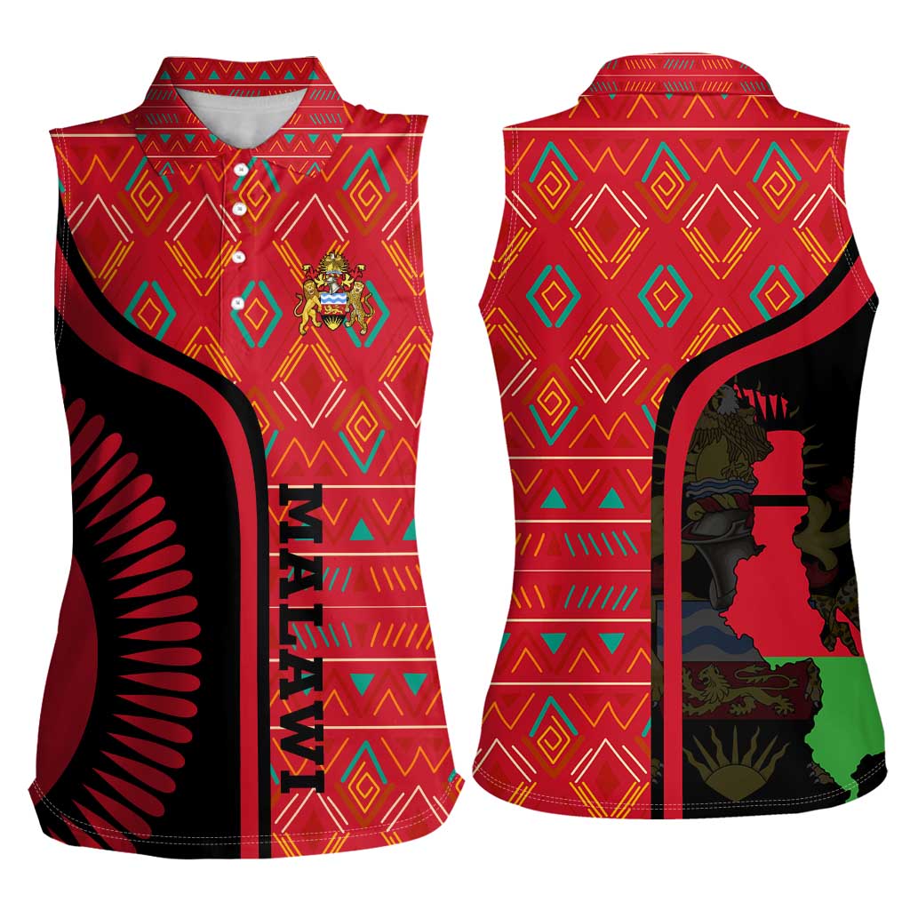 Malawi Patterns Women Sleeveless Polo Shirt Blended with Flag Colors & National Emblem - Cultural Fusion Design