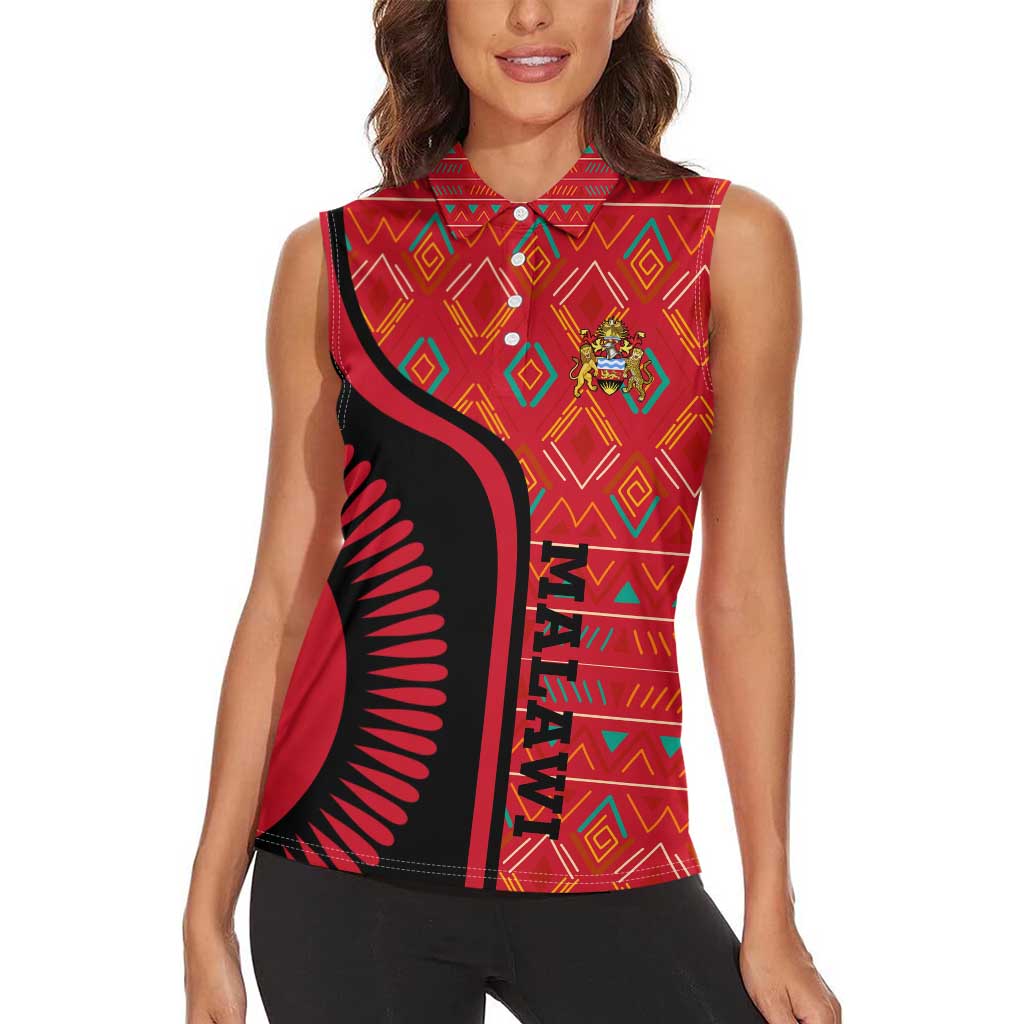 Malawi Patterns Women Sleeveless Polo Shirt Blended with Flag Colors & National Emblem - Cultural Fusion Design