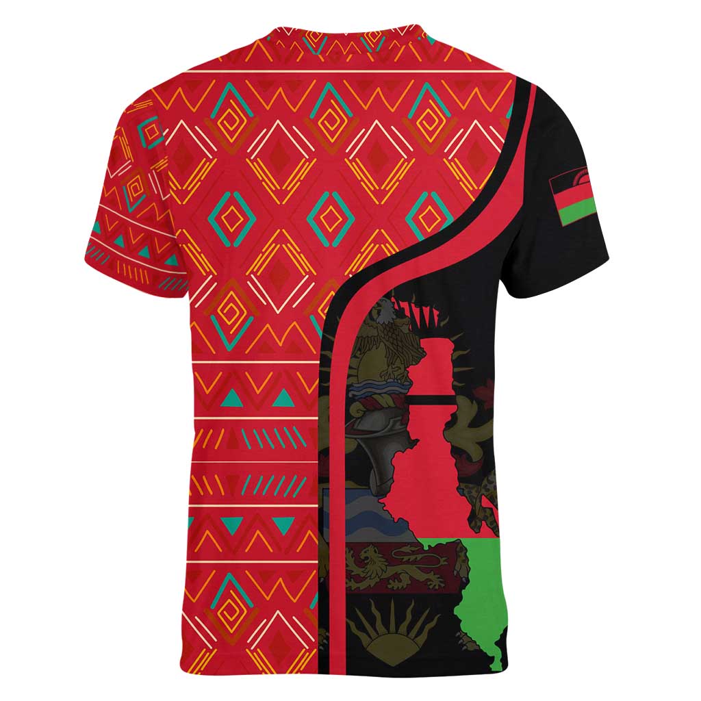 Malawi Patterns Women V-Neck T-Shirt Blended with Flag Colors & National Emblem - Cultural Fusion Design