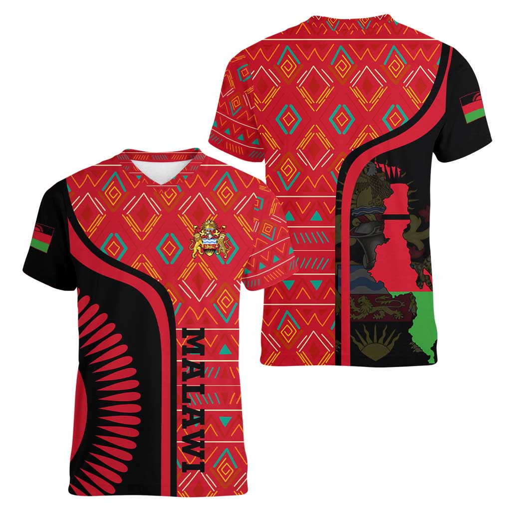 Malawi Patterns Women V-Neck T-Shirt Blended with Flag Colors & National Emblem - Cultural Fusion Design