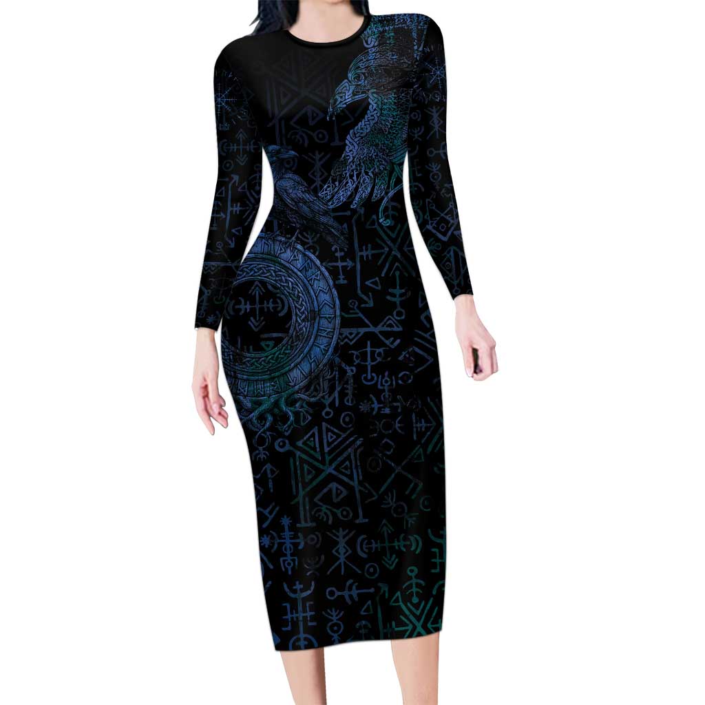 Odin Norse Mythology Long Sleeve Bodycon Dress Viking Rune Art Style