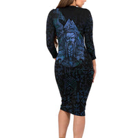 Odin Norse Mythology Long Sleeve Bodycon Dress Viking Rune Art Style
