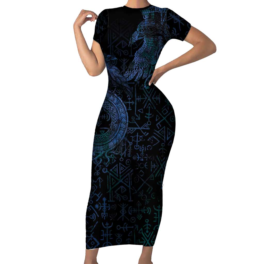Odin Norse Mythology Short Sleeve Bodycon Dress Viking Rune Art Style