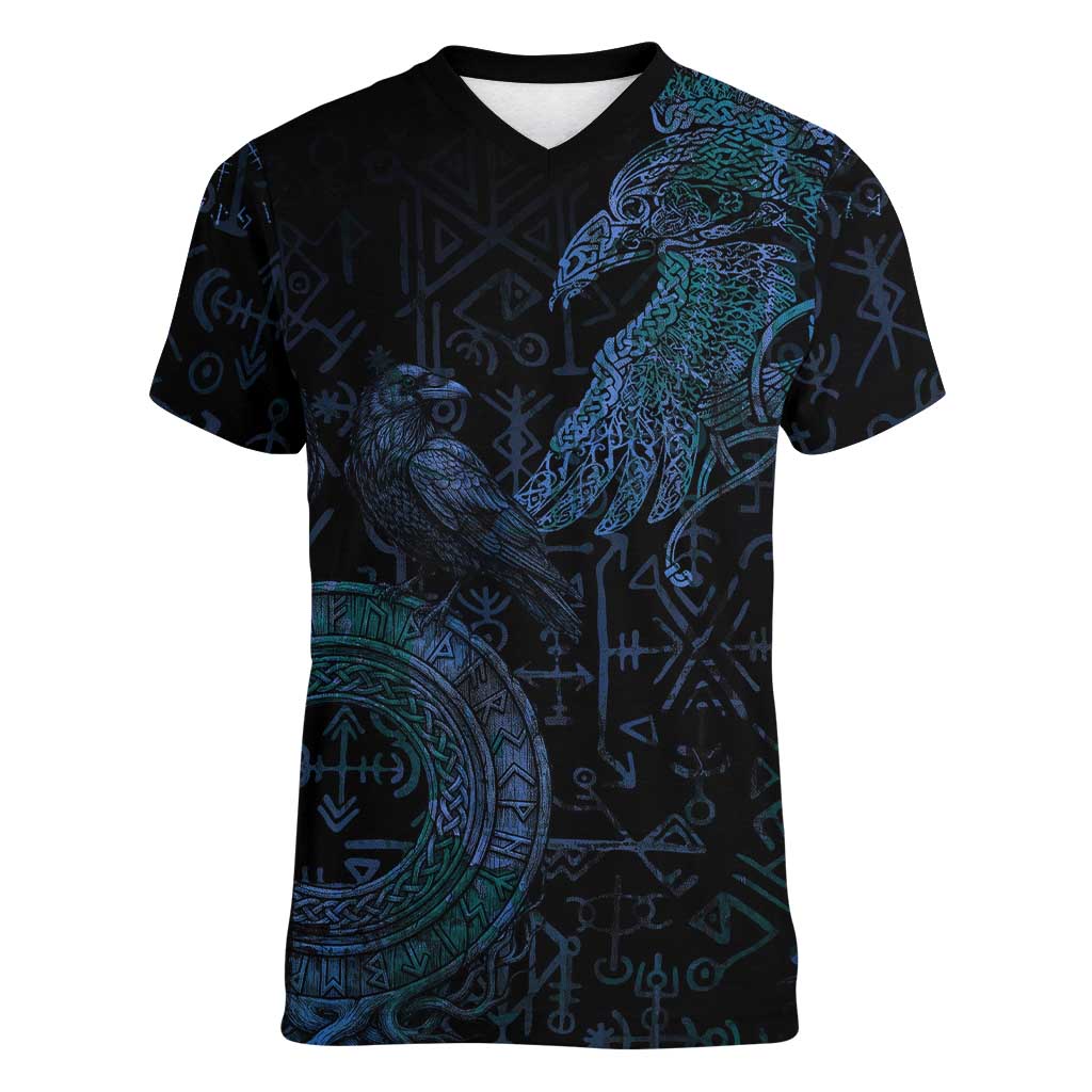 Odin Norse Mythology Women V-Neck T-Shirt Viking Rune Art Style