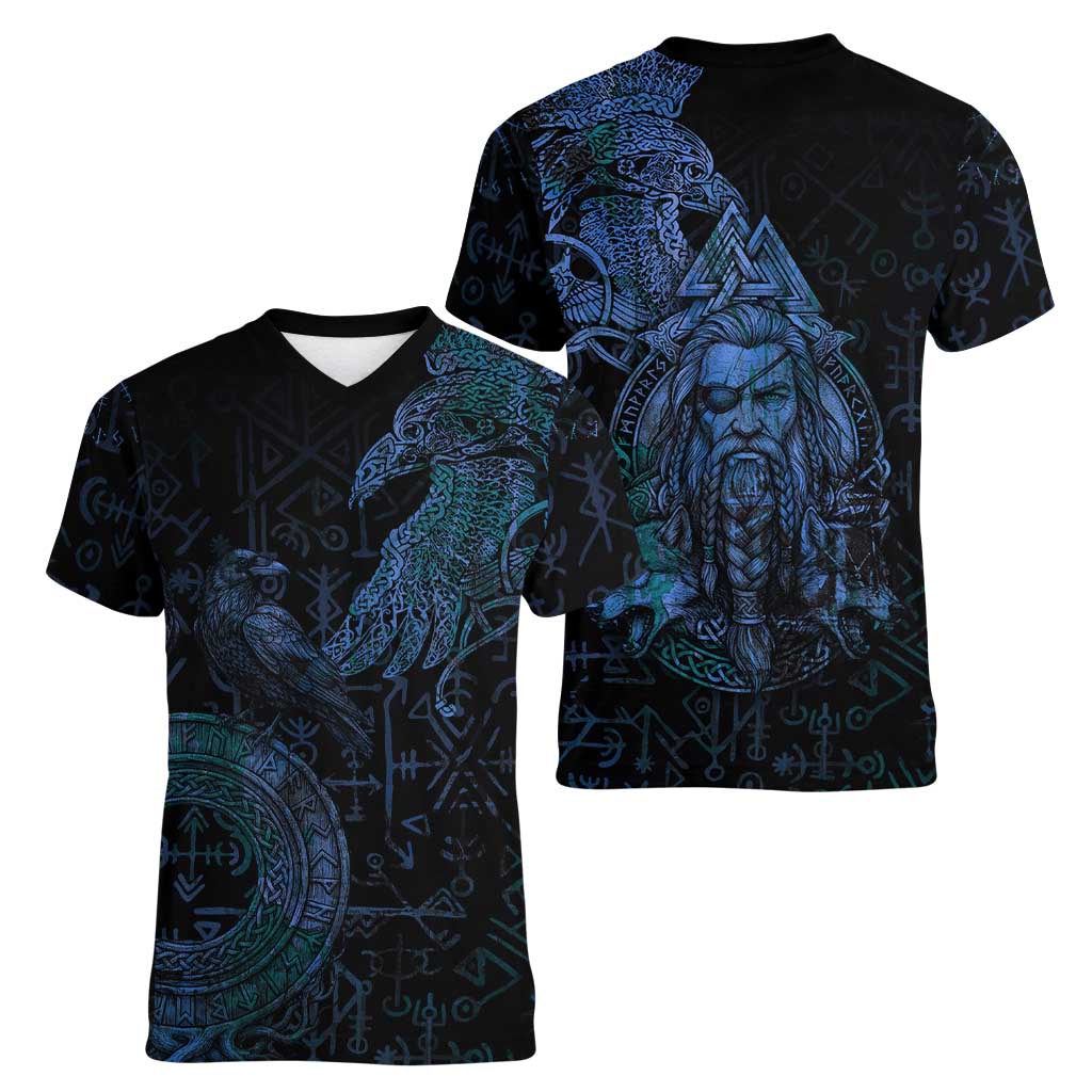 Odin Norse Mythology Women V-Neck T-Shirt Viking Rune Art Style