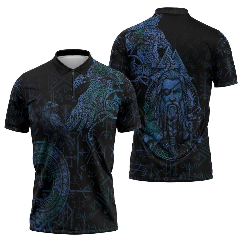 Odin Norse Mythology Zipper Polo Shirt Viking Rune Art Style