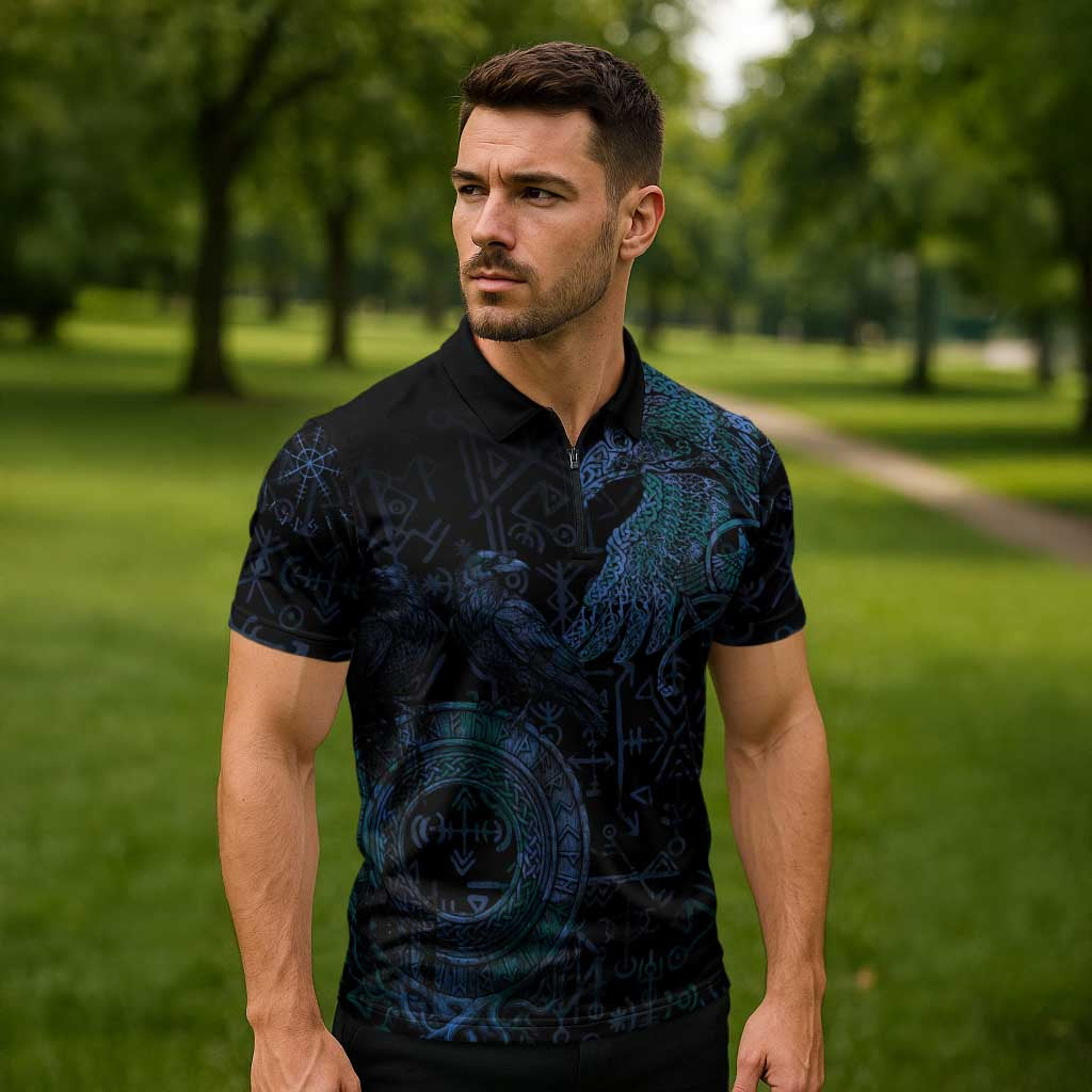 Odin Norse Mythology Zipper Polo Shirt Viking Rune Art Style