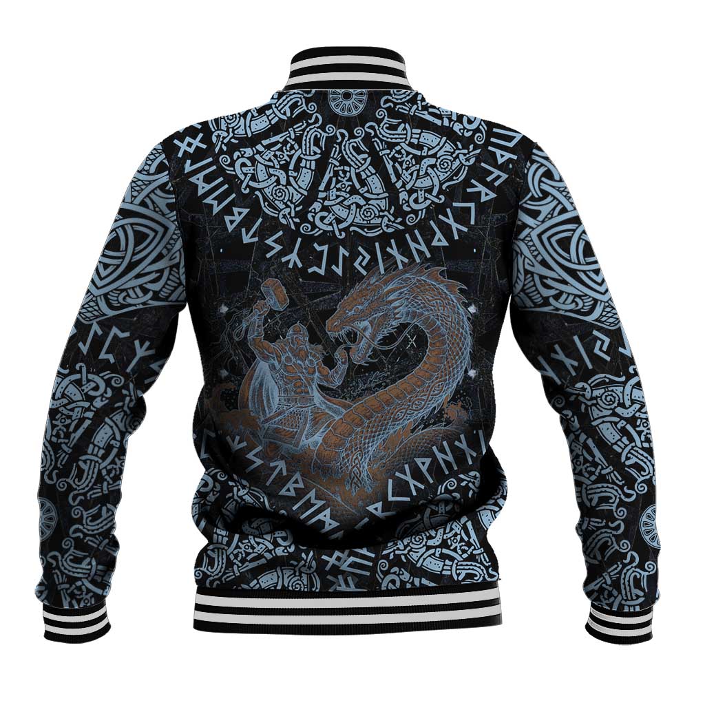Thor and Jormungandr Norse Mythology Viking Baseball Jacket Celtic Knot and Rune Art Style