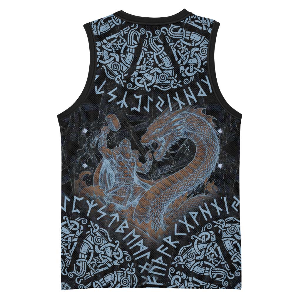 Thor and Jormungandr Norse Mythology Viking Basketball Jersey Celtic Knot and Rune Art Style