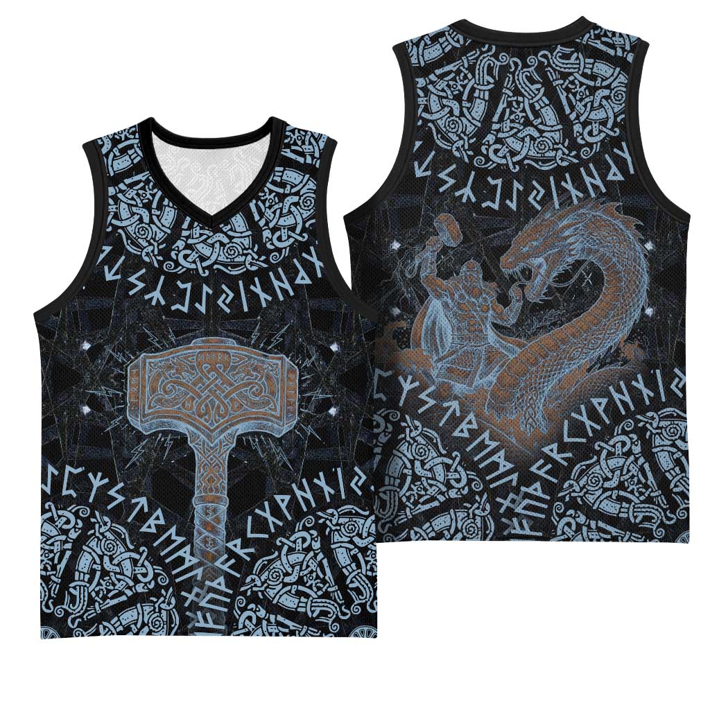 Thor and Jormungandr Norse Mythology Viking Basketball Jersey Celtic Knot and Rune Art Style