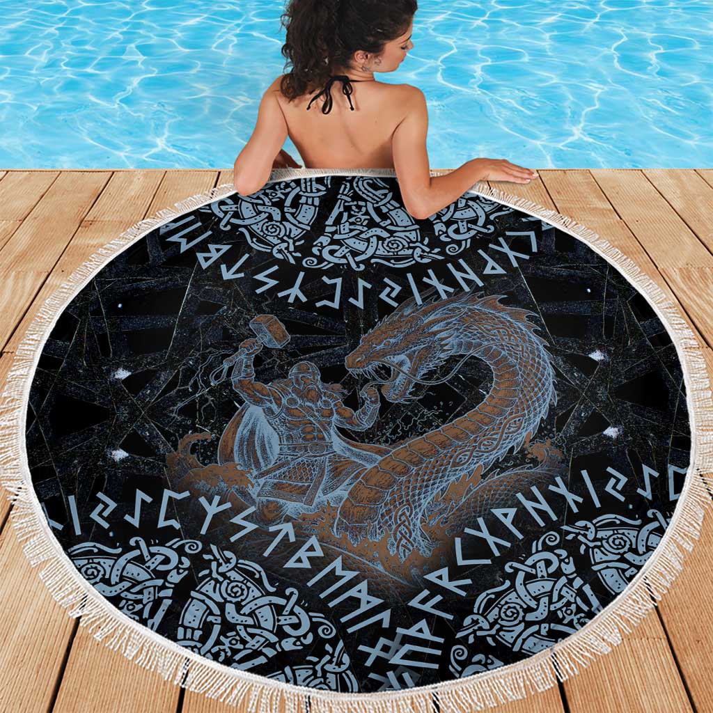 Thor and Jormungandr Norse Mythology Viking Beach Blanket Celtic Knot and Rune Art Style