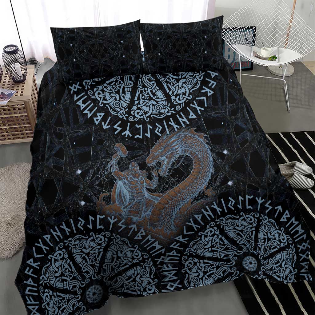 Thor and Jormungandr Norse Mythology Viking Bedding Set Celtic Knot and Rune Art Style